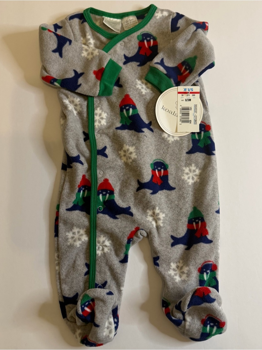 Koala Baby Christmas Walrus Fleece Footed Sleeper 0–3M NWT Winter Cozy